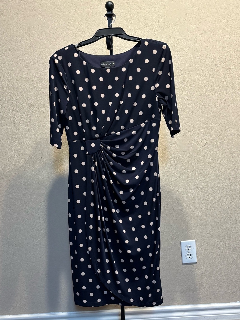 Connected Apparel Navy with Cream Polka Dot Twist-Waist Midi Dress